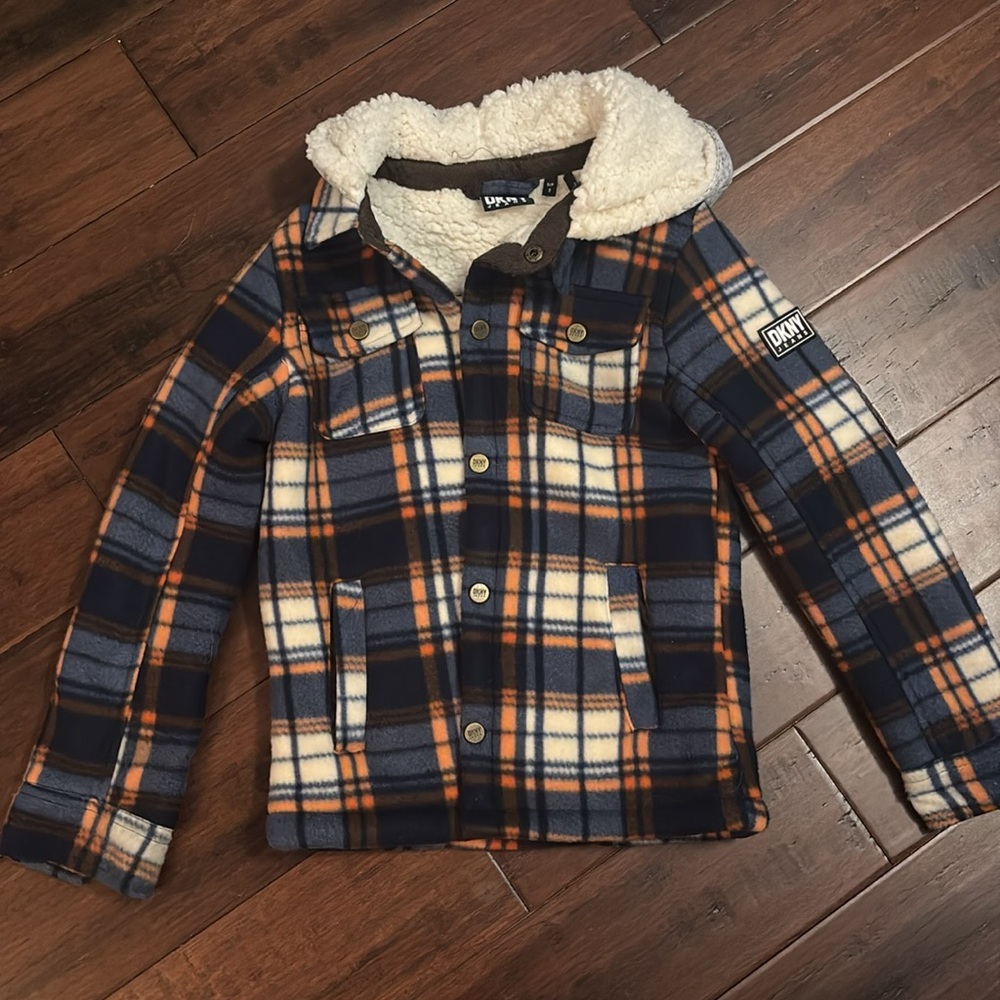 DKNY Blue and Orange Plaid Jacket with Sherpa Lining size 8 kids